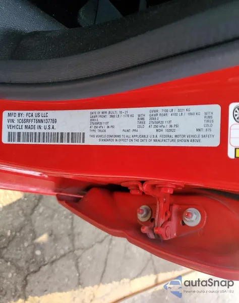 2022 Ram 1500 Big Horn/Lone Star z USA, uszkodzony, nr VIN 1C6SRFFT6NN137769